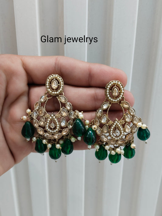 Green Antique Gold Bollywood Kane Indian Earrings