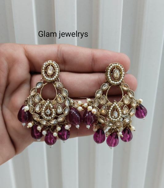 Purple Antique Gold Bollywood Kane Indian Earrings