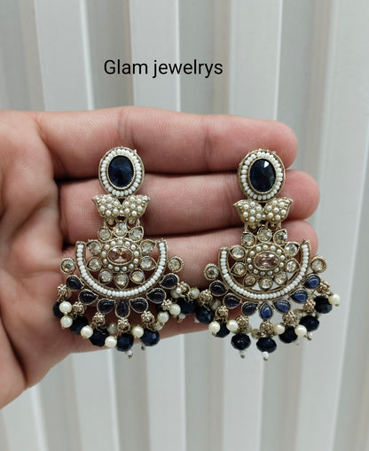 Blue Antique Gold Bollywood Maan Indian Earrings