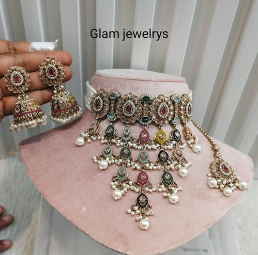 Multi Color Antique Gold Choker Indian Jewellery Monte Set