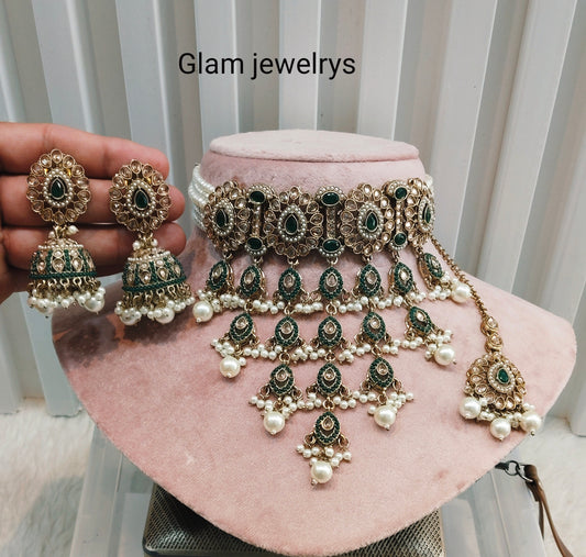 Green Antique Gold Choker Indian Jewellery Monte Set