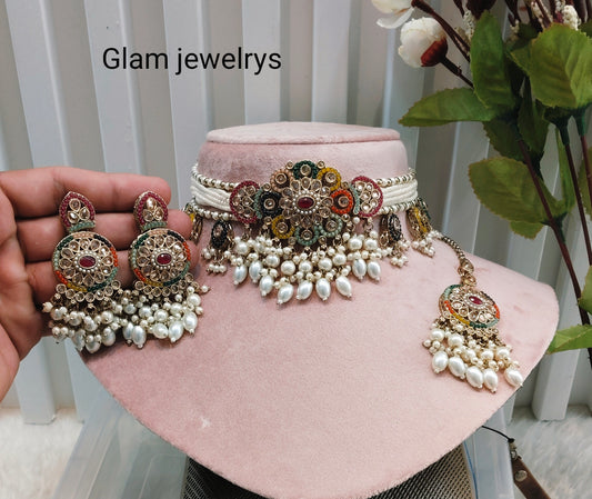 Multi Color Antique Gold Choker Indian Jewellery Monte Set