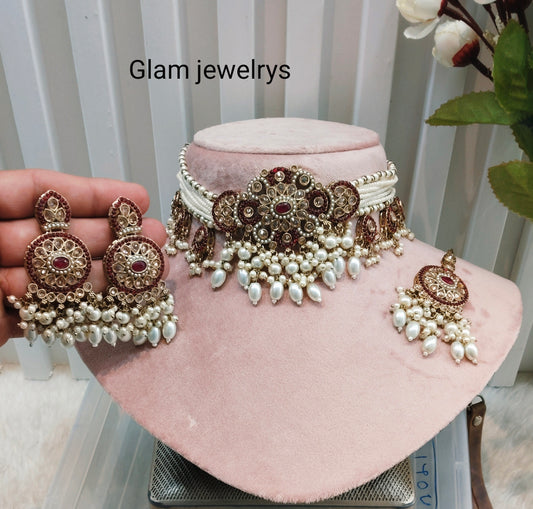 Maroon Antique Gold Choker Indian Jewellery Monte Set