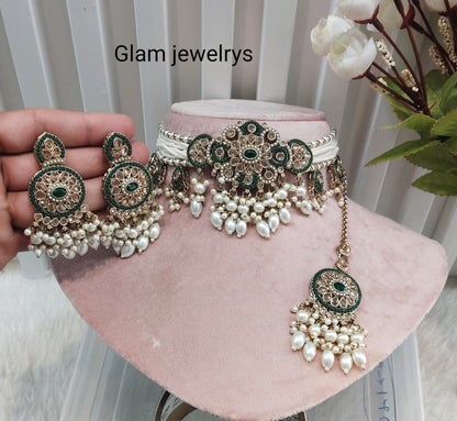 Green Antique Gold Choker Indian Jewellery Monte Set