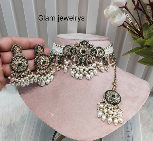 Green Antique Gold Choker Indian Jewellery Monte Set