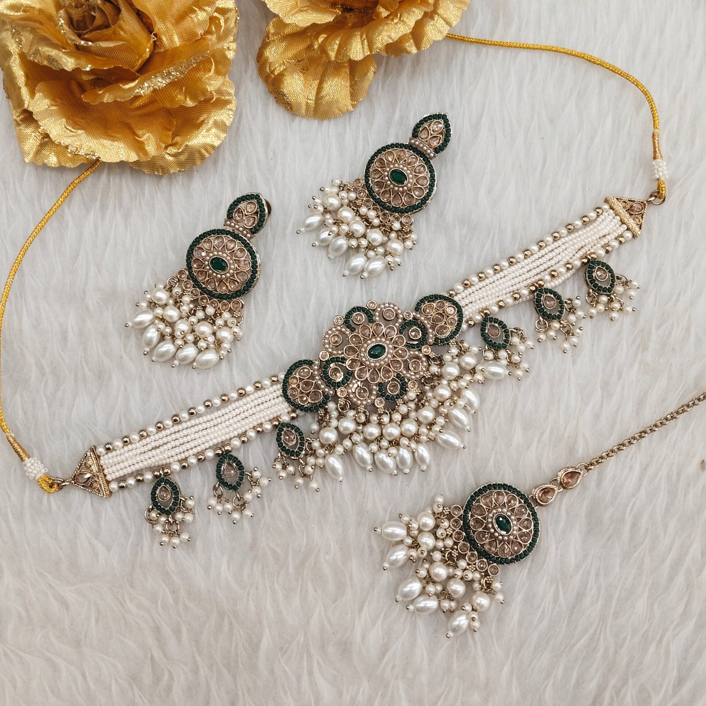 Green Antique Gold Choker Indian Jewellery Monte Set