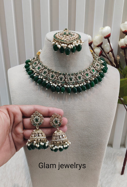 Green Antique Gold Necklace Pakistani Indian Jewellery Carlo Set