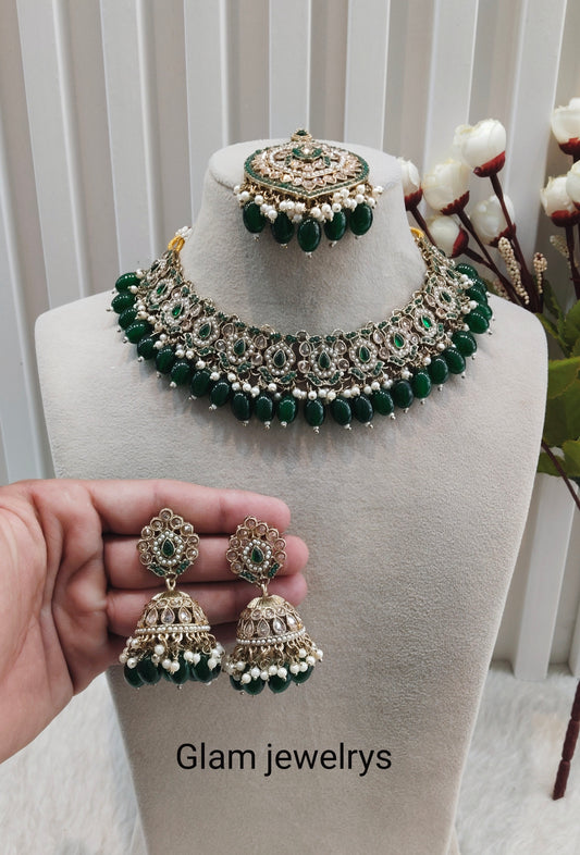 Green Antique Gold Necklace Pakistani Indian Jewellery Carlo Set