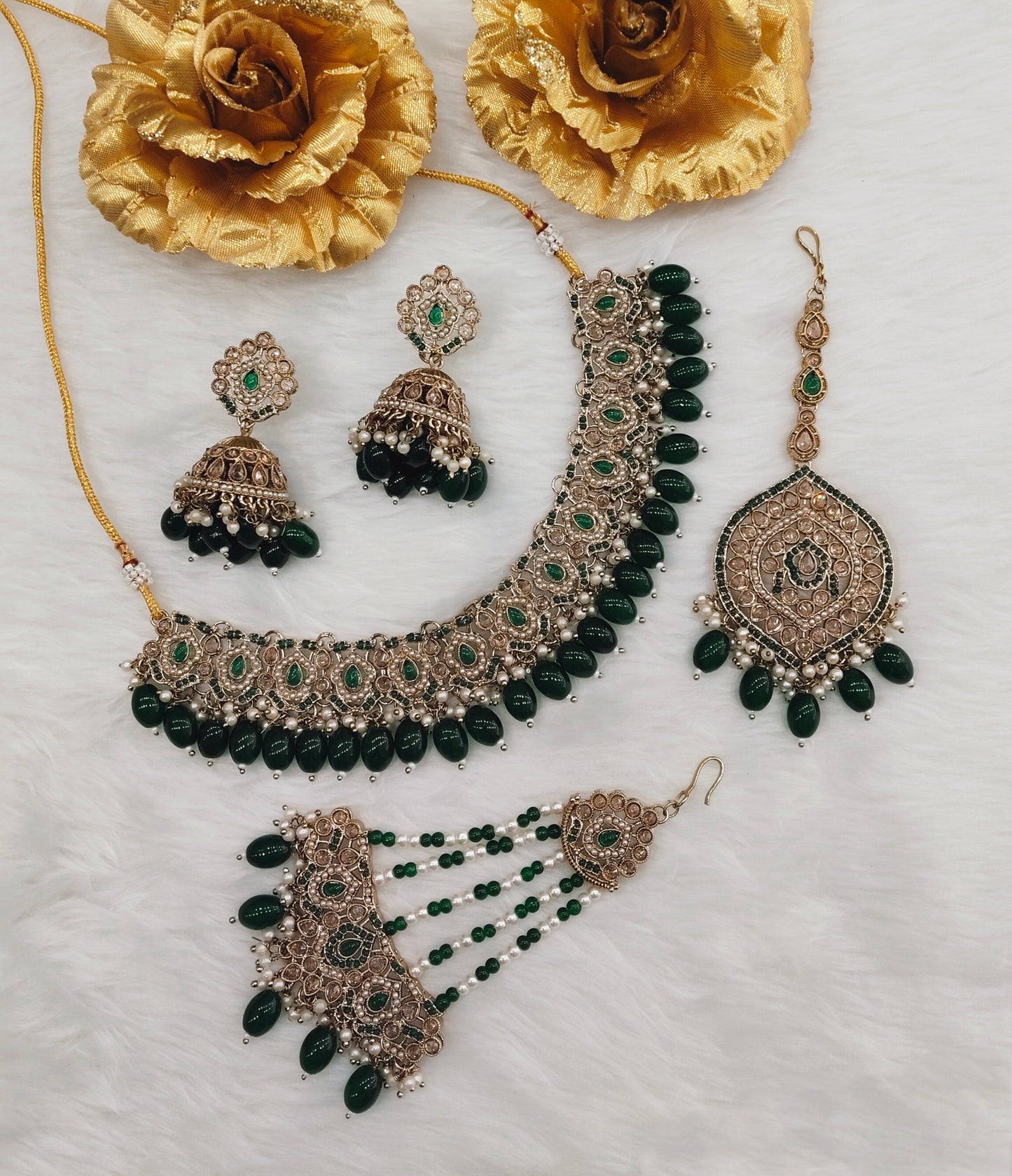 Green Antique Gold Necklace Pakistani Indian Jewellery Carlo Set