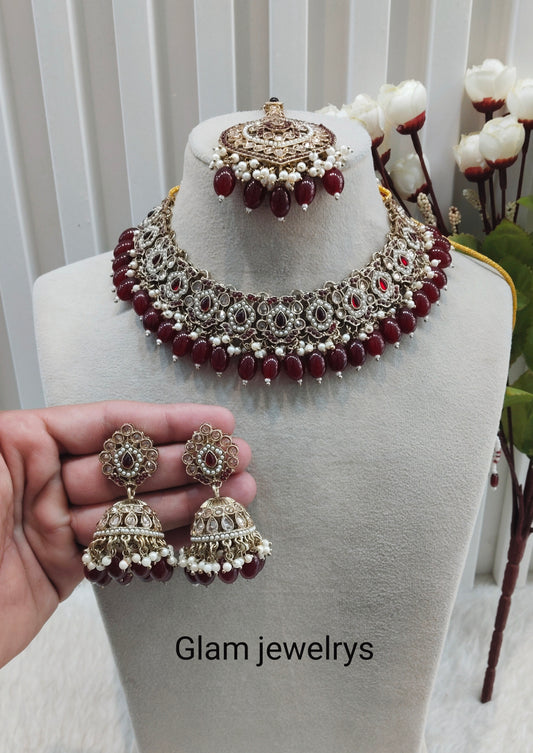 Maroon Antique Gold Necklace Pakistani Indian Jewellery Carlo Set