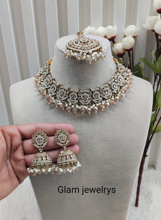 Antique Gold Necklace Pakistani Indian Jewellery Carlo Set