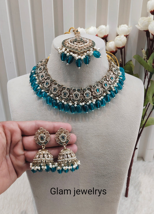 Rama Green Antique Gold Necklace Pakistani Indian Jewellery Carlo Set