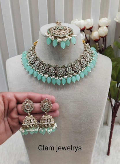 Pastel Green Antique Gold Necklace Pakistani Indian Jewellery Carlo Set