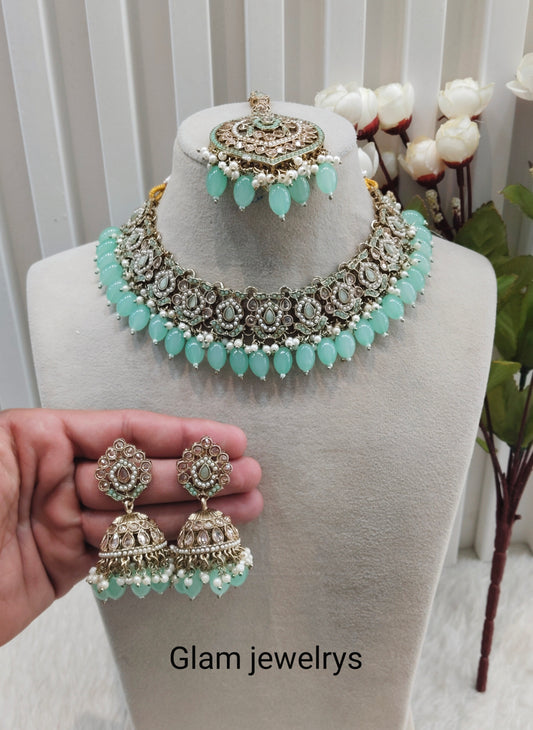 Pastel Green Antique Gold Necklace Pakistani Indian Jewellery Carlo Set
