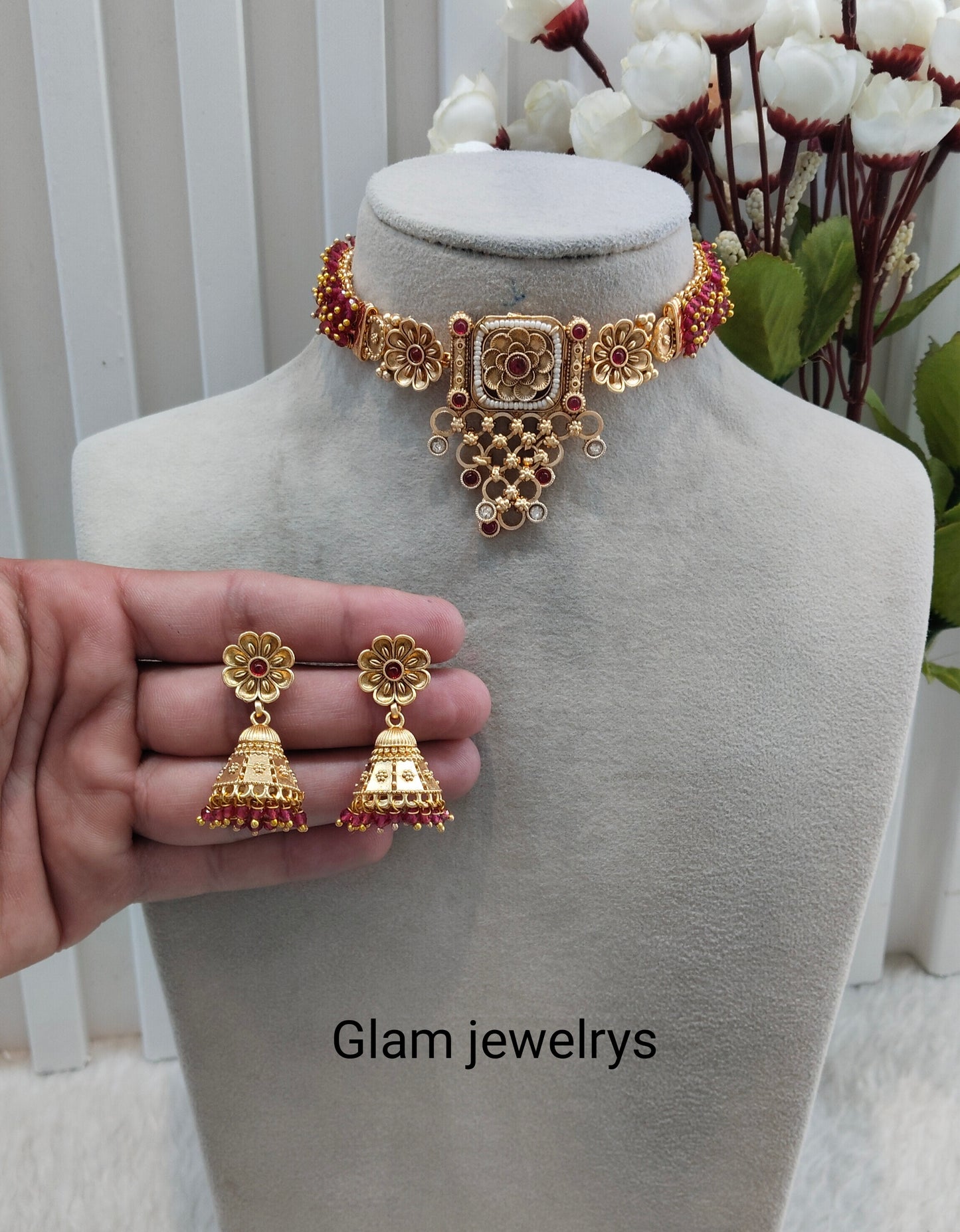Ruby Gold Polki Choker Indian Jewellery Smile Set