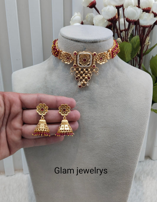 Ruby Gold Polki Choker Indian Jewellery Smile Set
