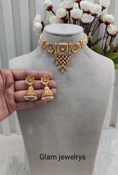 White Gold Polki Choker Indian Jewellery Smile Set
