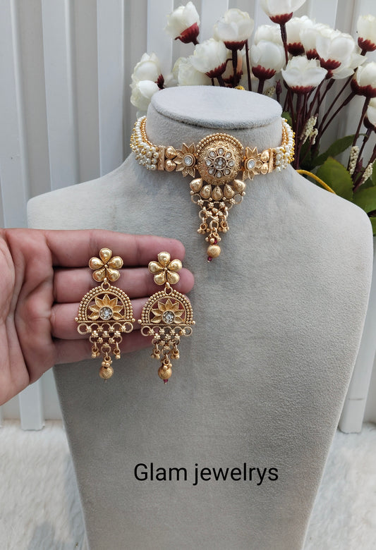 Gold Polki Choker Indian Jewellery Smile Set