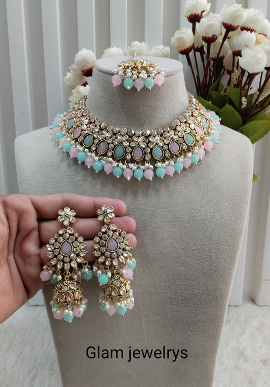 Mint Pink Antique Gold Kundan Necklace Indian Jewellery Babli Set