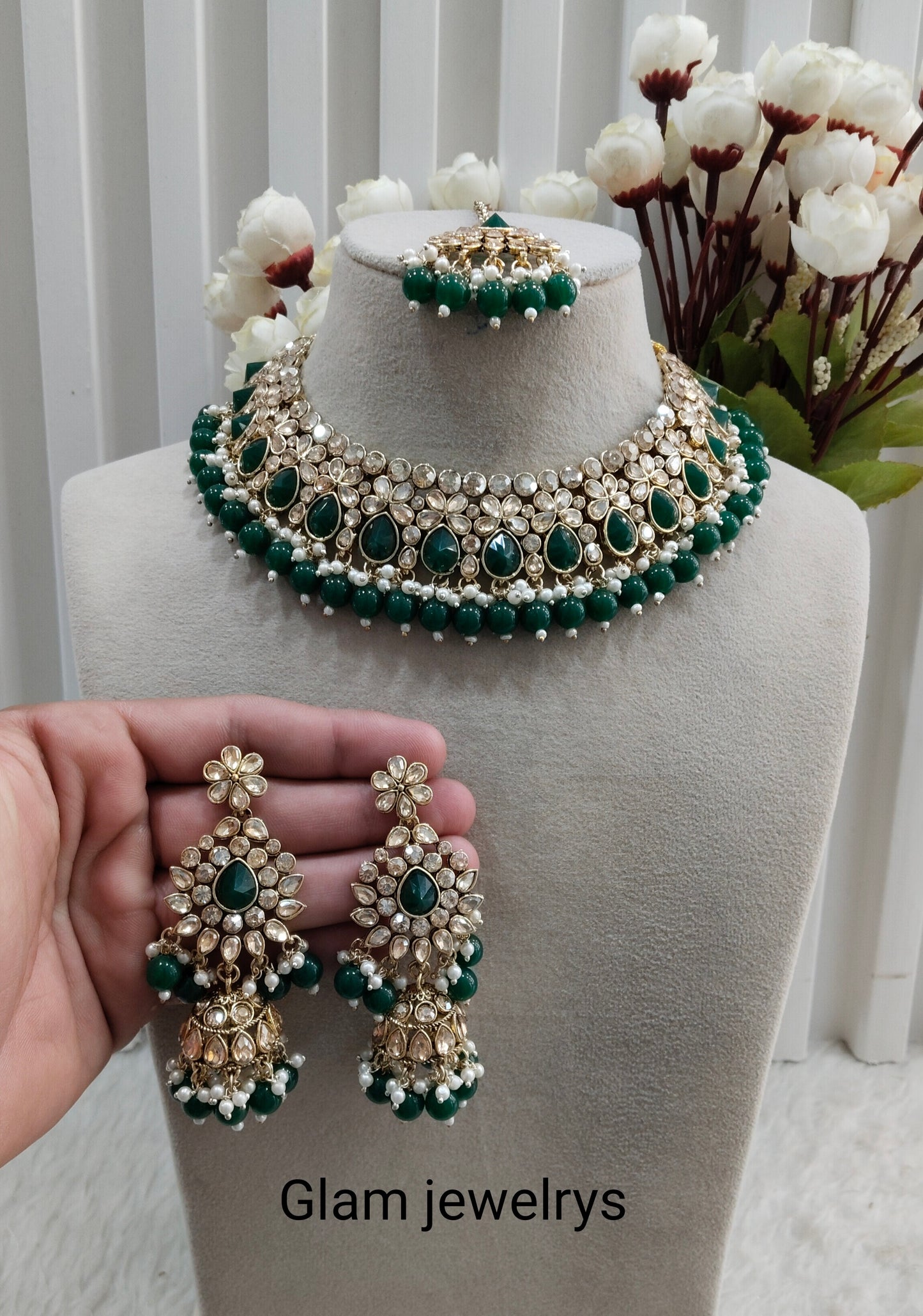 Green Antique Gold Kundan Necklace Indian Jewellery Babli Set