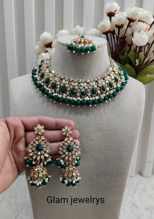 Green Antique Gold Kundan Necklace Indian Jewellery Babli Set
