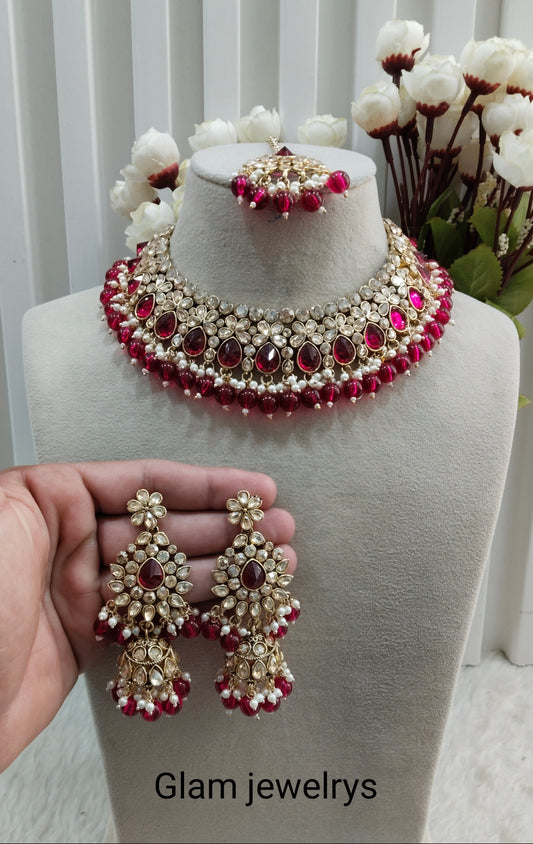 Majenta Antique Gold Kundan Necklace Indian Jewellery Babli Set