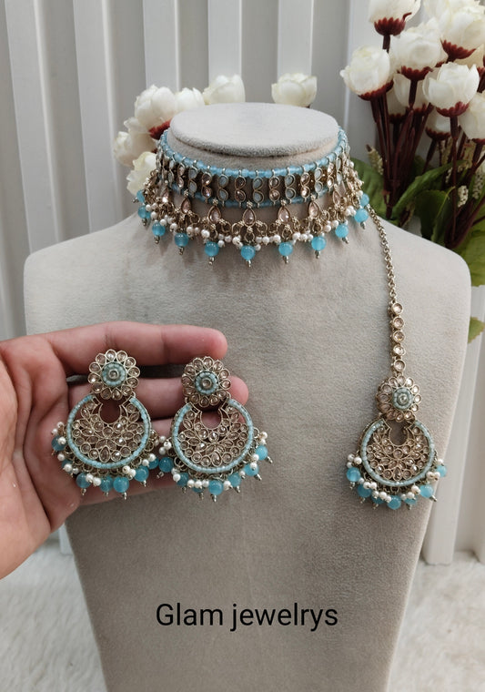 Sea Green Antique Gold Choker Indian Jewellery Babli Set
