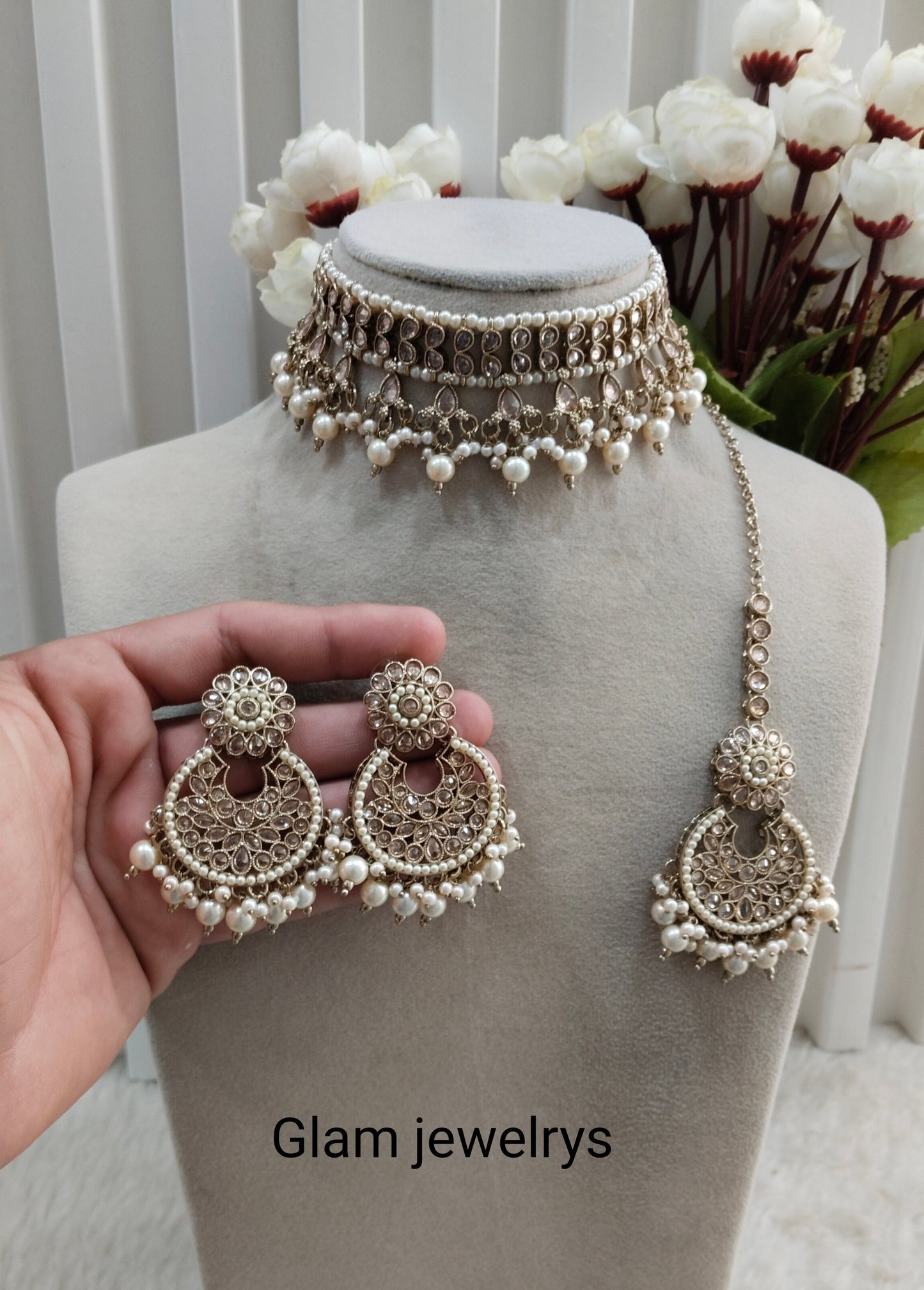 Gold White Antique Gold Choker Indian Jewellery Babli Set