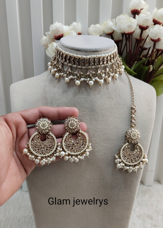 Gold White Antique Gold Choker Indian Jewellery Babli Set