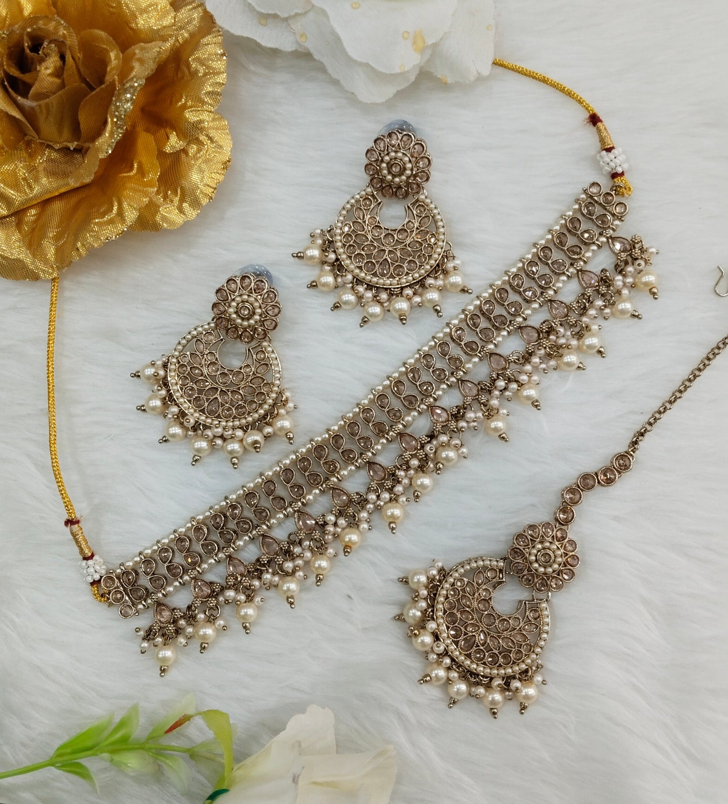 Gold White Antique Gold Choker Indian Jewellery Babli Set