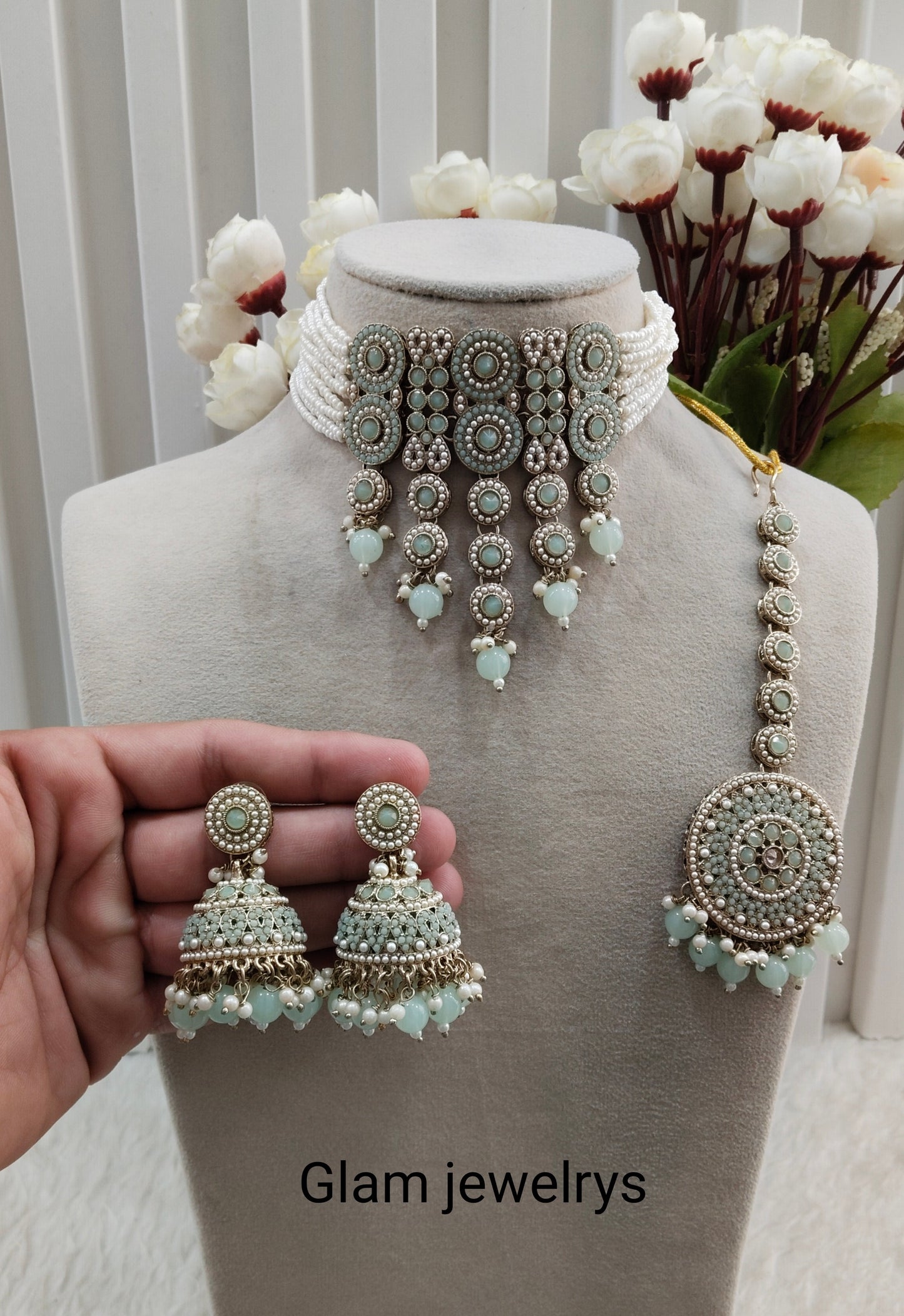 Pastel Green Antique Gold Choker Indian Jewellery Babli Set