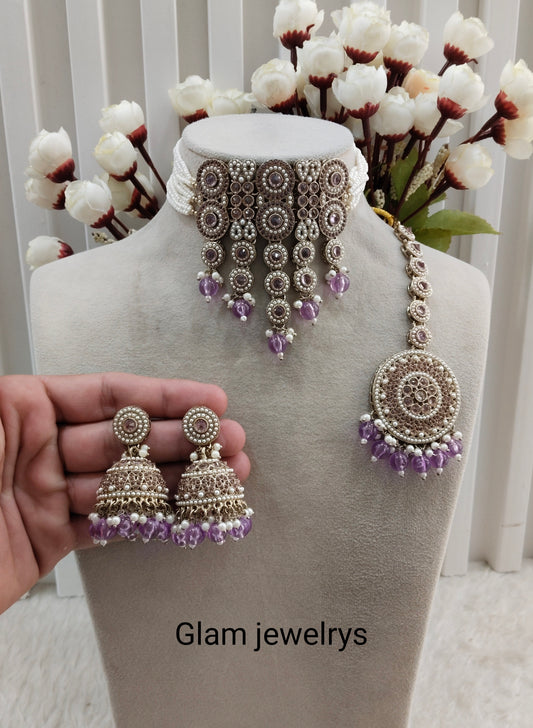 Lavender Antique Gold Choker Indian Jewellery Babli Set