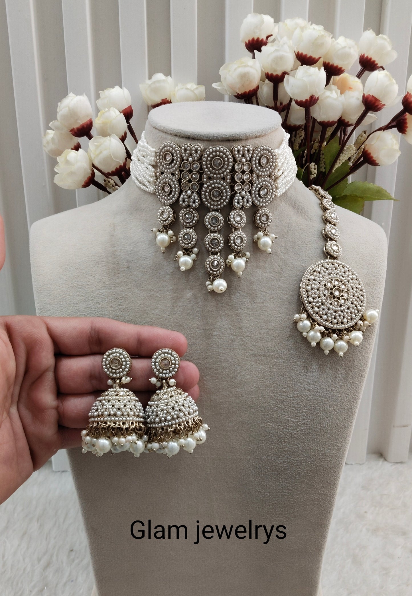 White Antique Gold Choker Indian Jewellery Babli Set