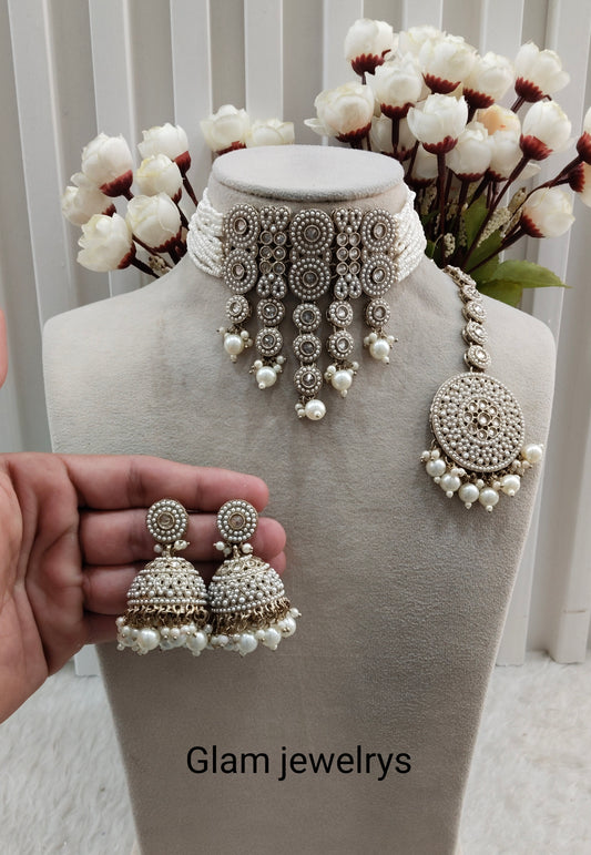 White Antique Gold Choker Indian Jewellery Babli Set
