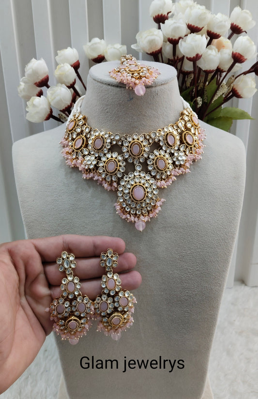 Beby Pink Gold Kundan Necklace Indian Jewellery Ritika Set