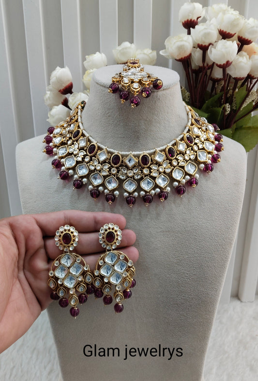 Purple Gold Kundan Necklace Indian Jewellery Rishi Set