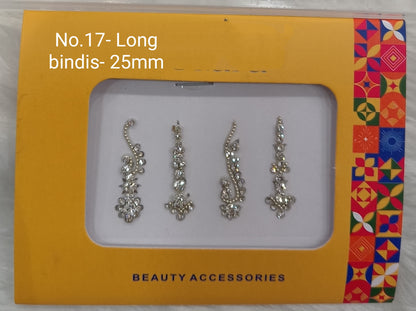 Indian Long Bindis Tattoo Sticker Silver White Bollywood Card