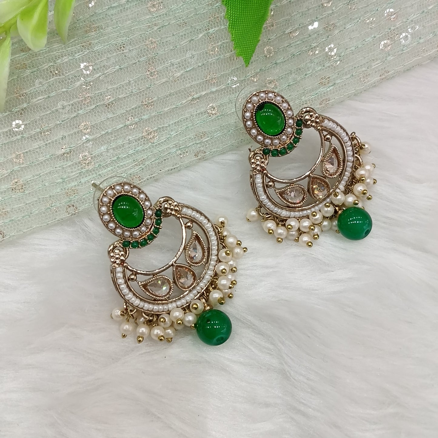 Green Antique Gold Bollywood Raina Indian Earrings