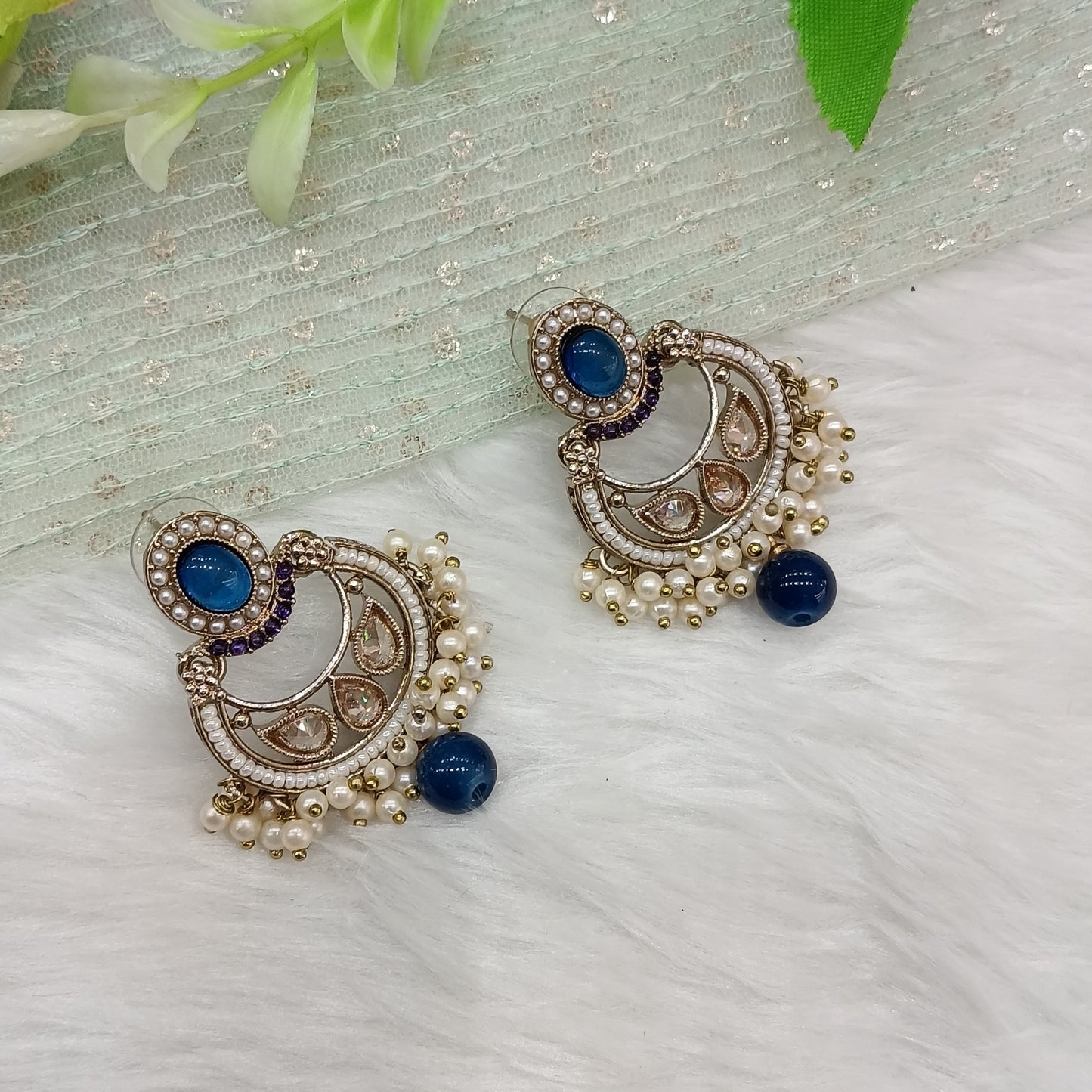 White Blue Antique Gold Bollywood Raina Indian Earrings