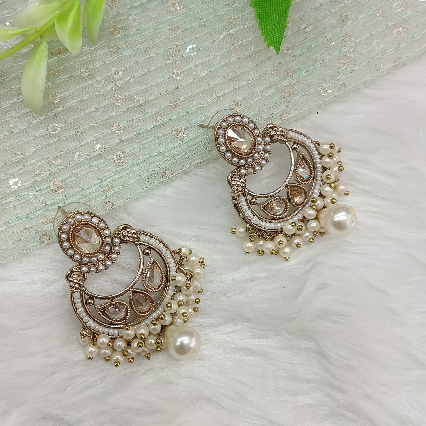 White Antique Gold Bollywood Raina Indian Earrings