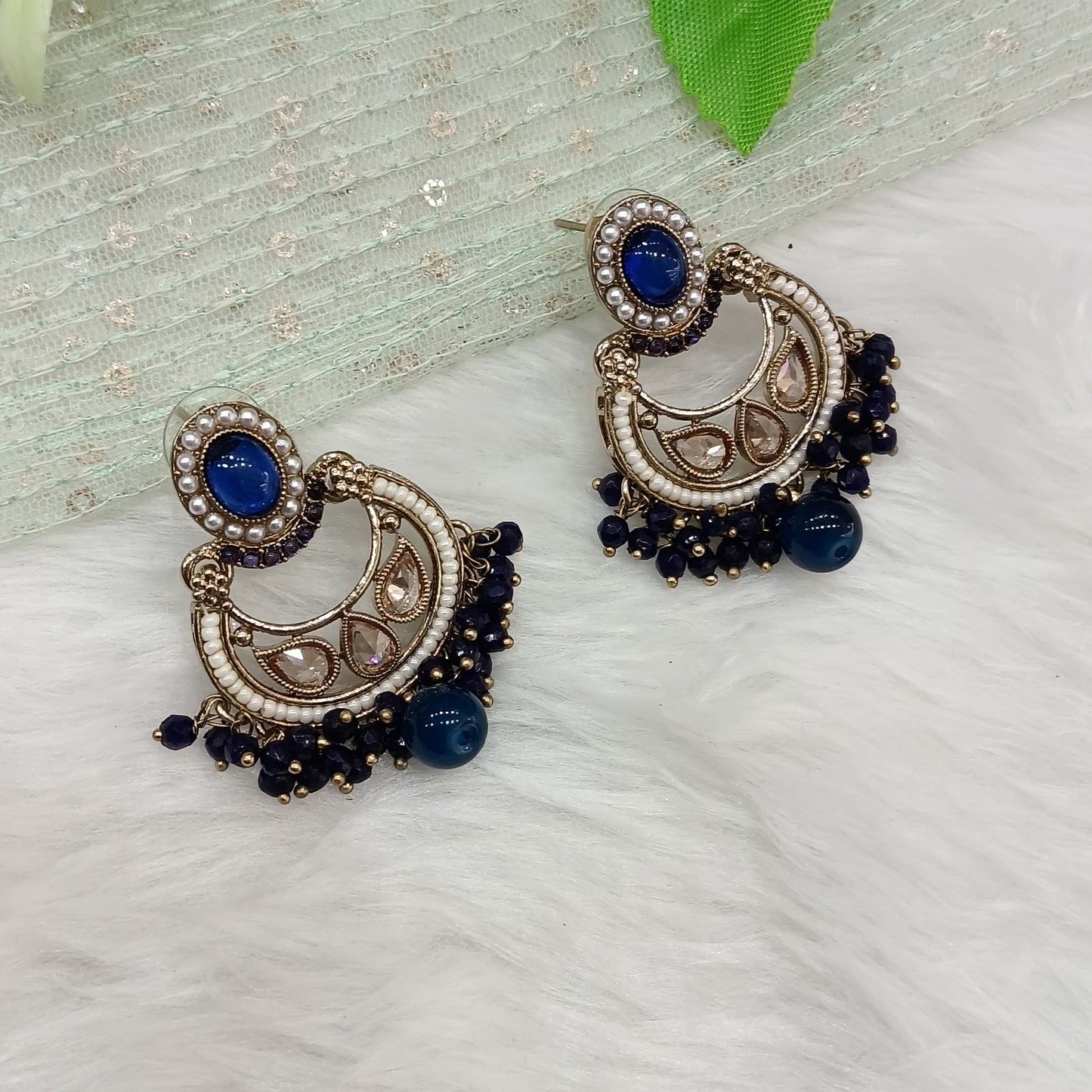 Blue Antique Gold Bollywood Raina Indian Earrings