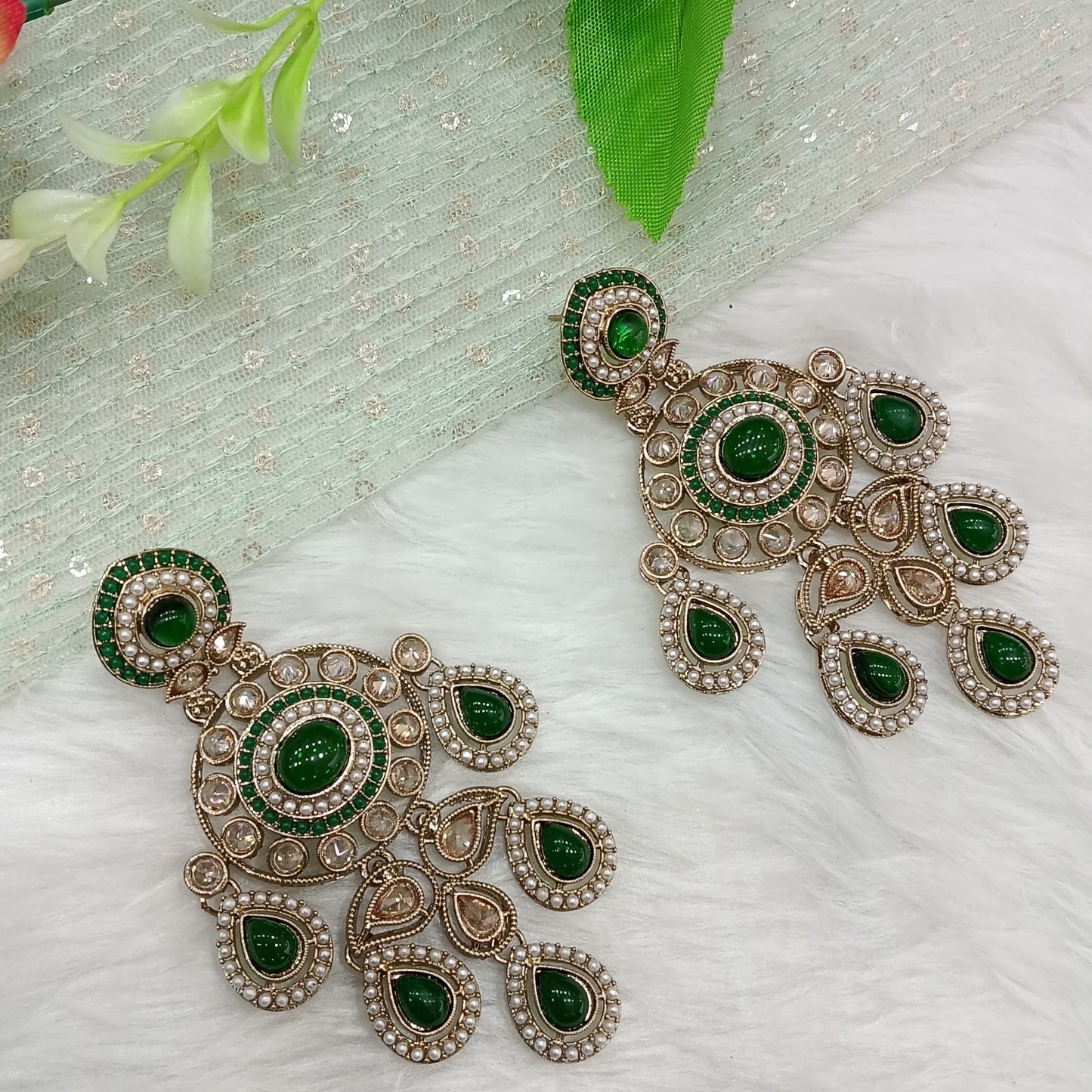 Green Antique Gold Bollywood Suresh Indian Earrings