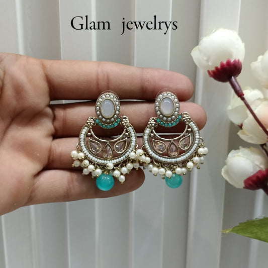 Sky Blue Antique Gold Bollywood Raina Indian Earrings