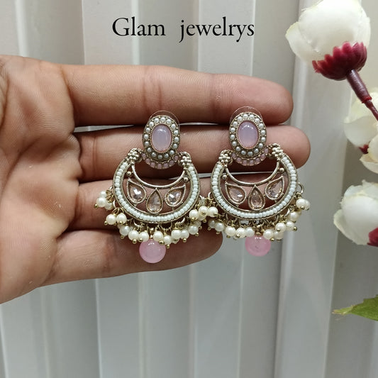 Pink Antique Gold Bollywood Raina Indian Earrings