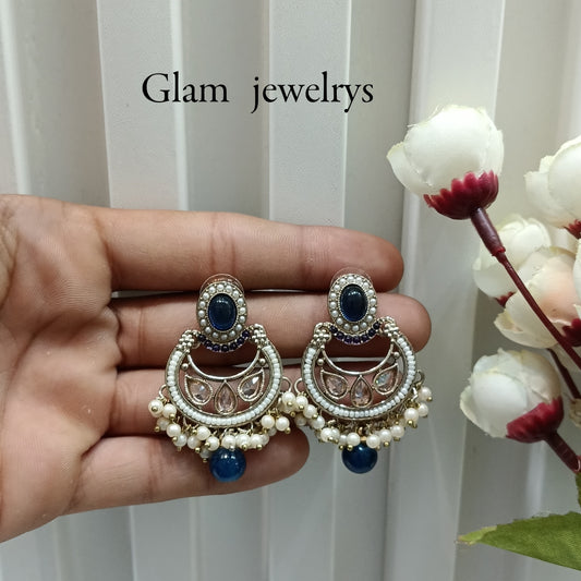 White Blue Antique Gold Bollywood Raina Indian Earrings