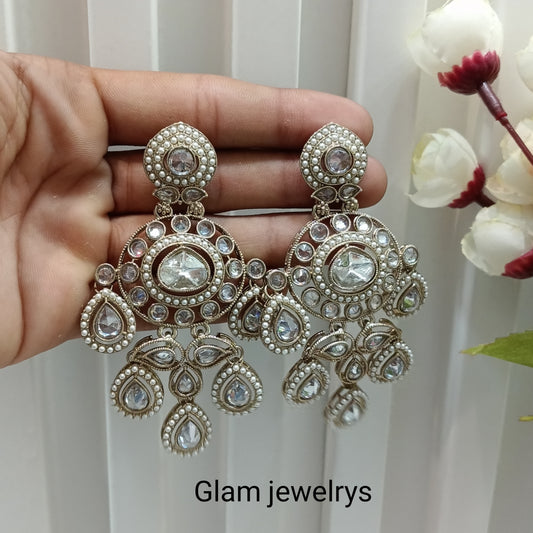 White Antique Gold Bollywood Suresh Indian Earrings
