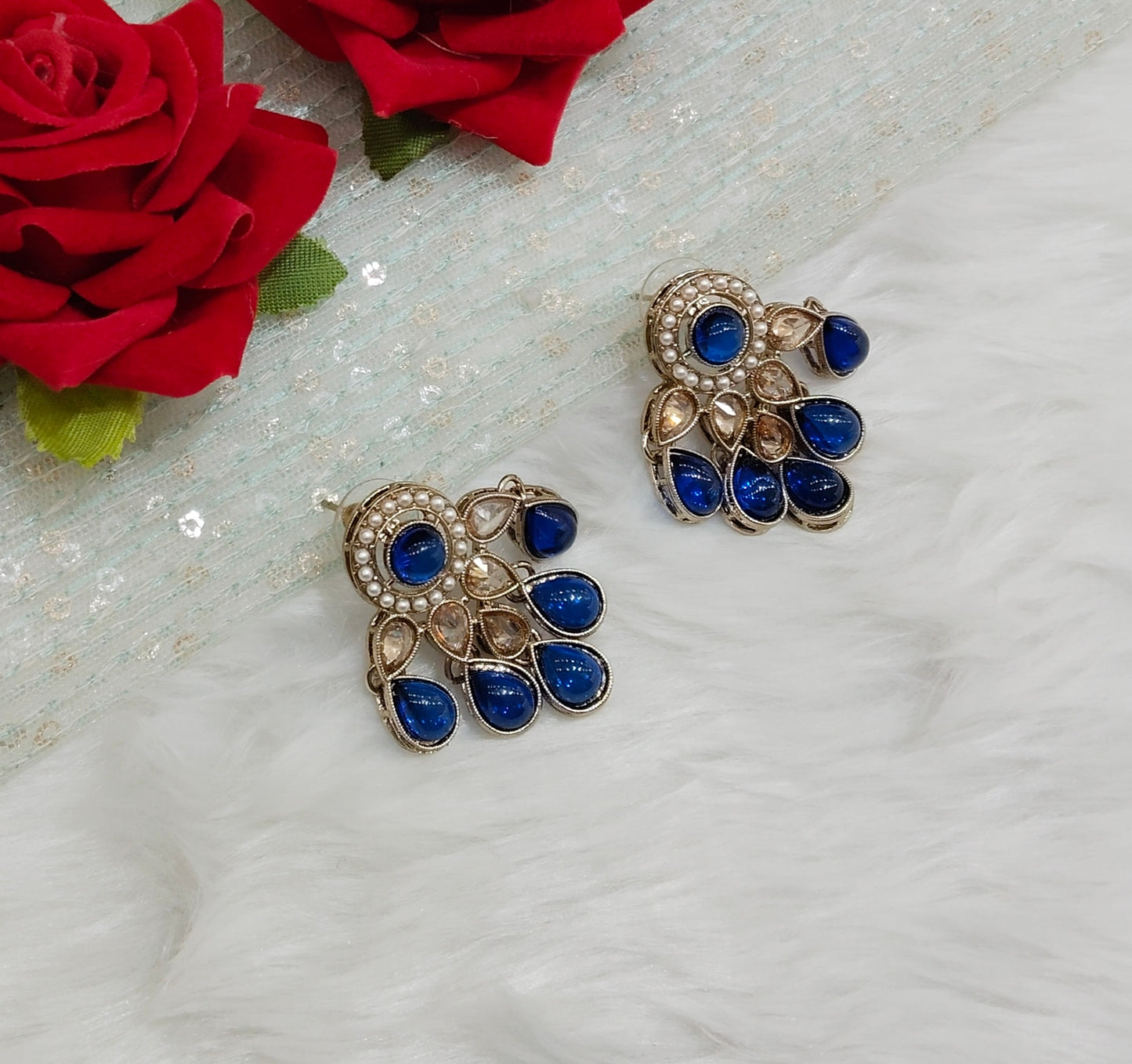 Blue Antique Gold Bollywood Rachin Indian Earrings