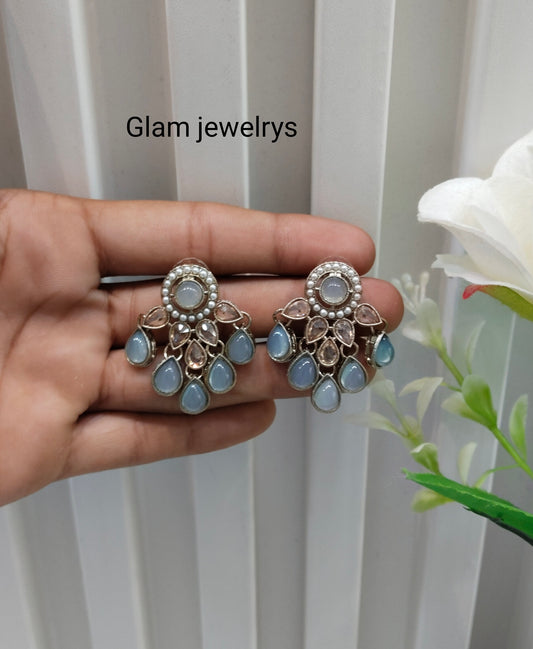 Sky Blue Antique Gold Bollywood Rachin Indian Earrings