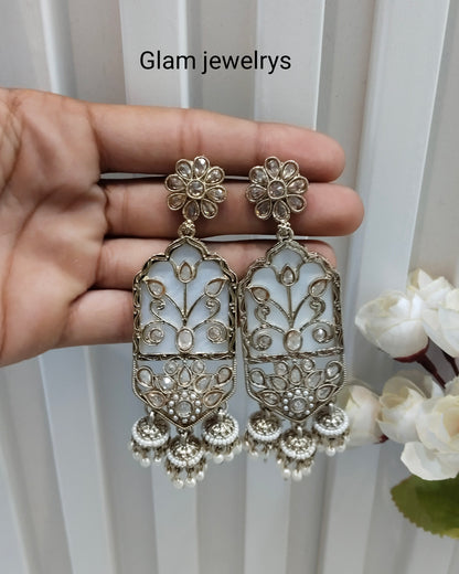 White Antique Gold Bollywood Dhoni Indian Earrings