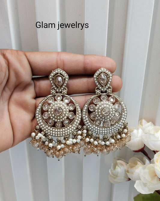 White Antique Gold Bollywood Hooda Indian Earrings